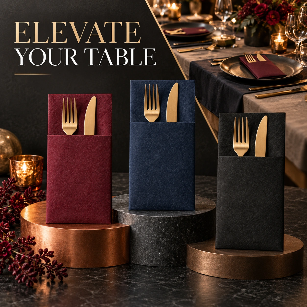 Burgundy, navy and black formal table styling
