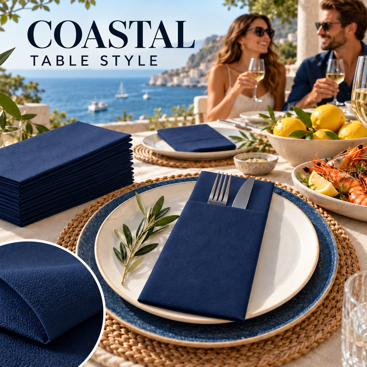 Navy pocket napkin in a coastal dining scene