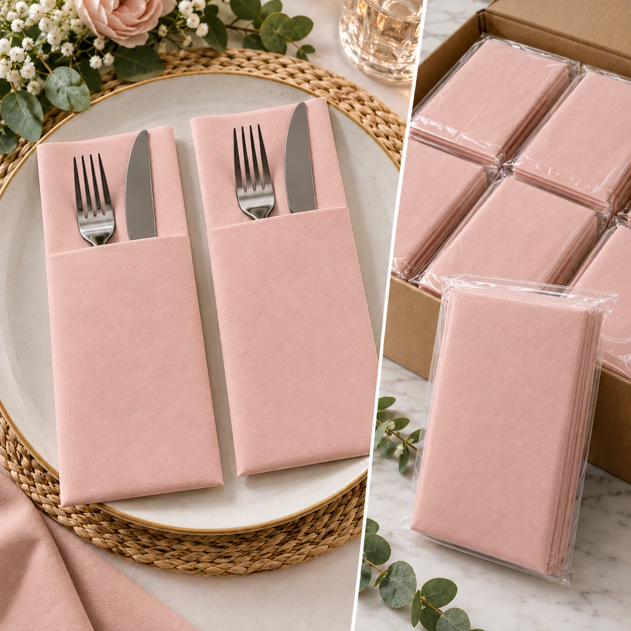 Blush pink napkins with matching pack presentation