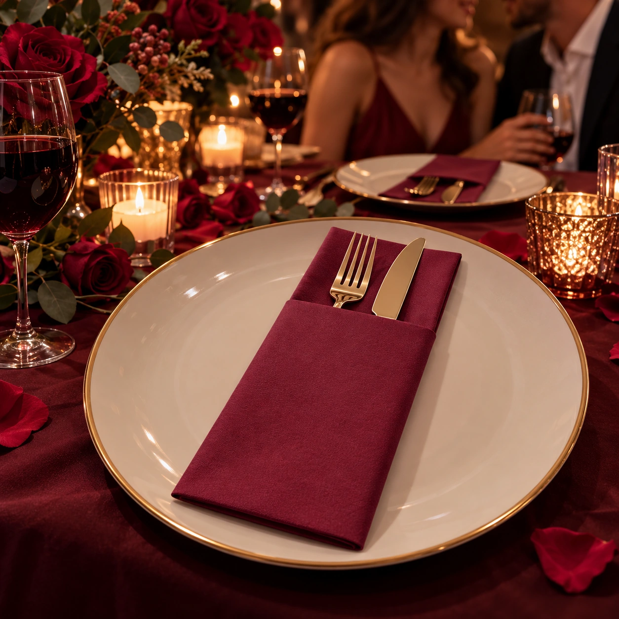 Burgundy pocket napkin in an evening dining setting