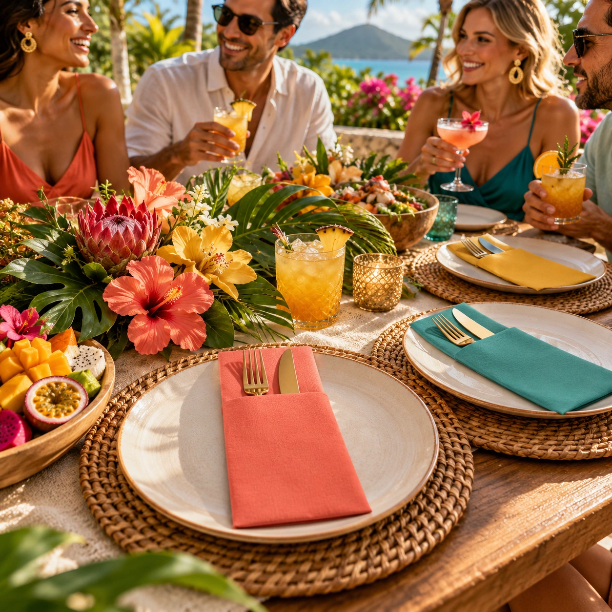 Coral pocket napkin in an outdoor celebration setting